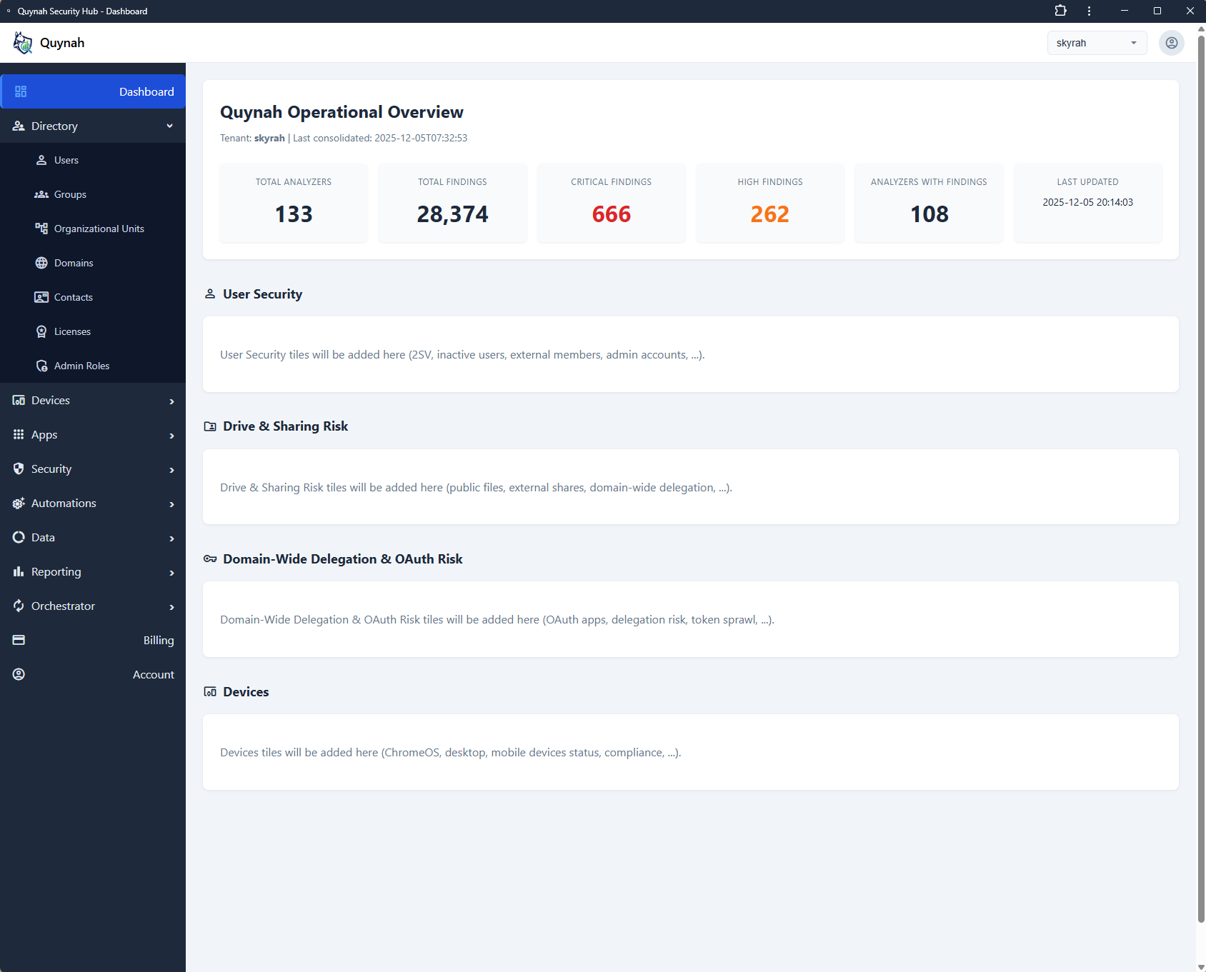 Quynah Security Hub dashboard preview